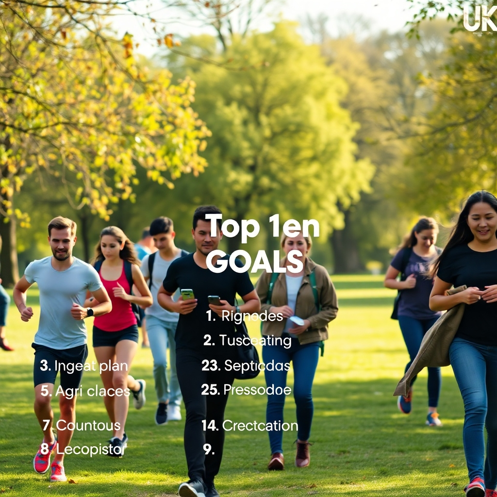 A diverse group of people in a park engaging in various activities highlighting the top ten goals in the U.K., such as jogging, studying, budget planning with a calculator, and group classes. Display a list of goals artistically integrated into the scene.