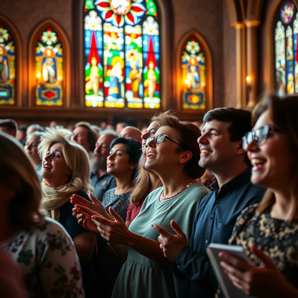 A diverse group of people of different ages and backgrounds, gathered together in a beautifully lit church, actively participating in a worship service. Some are singing joyfully, while others are in prayer, with stained glass windows casting colorful light across the scene.