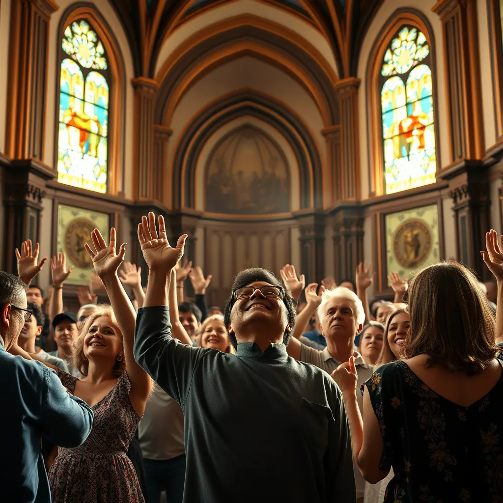 A diverse group of people of different ages and ethnicities standing together in a beautifully adorned church, raising their hands in worship. Soft light filtering through stained glass windows, illuminating their joyous expressions and creating an atmosphere of spiritual unity.