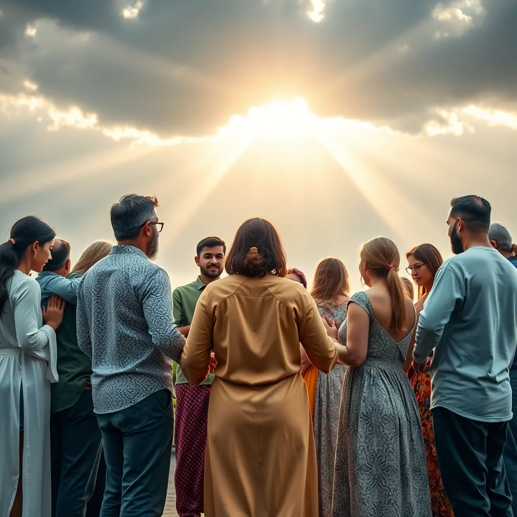 A diverse group of people of different ages and ethnicities standing in a circle, holding hands in prayer. Soft rays of sunlight breaking through a cloudy sky above them, creating a warm and inviting atmosphere. Symbols of different faiths subtly included in the background.