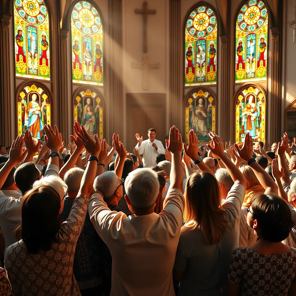 A diverse group of people of various ages and ethnicities standing together in a beautiful church, raising their hands in worship. Sunlight streams through stained glass windows, casting colorful patterns, while a pastor leads the congregation. Emphasis on unity and joy.