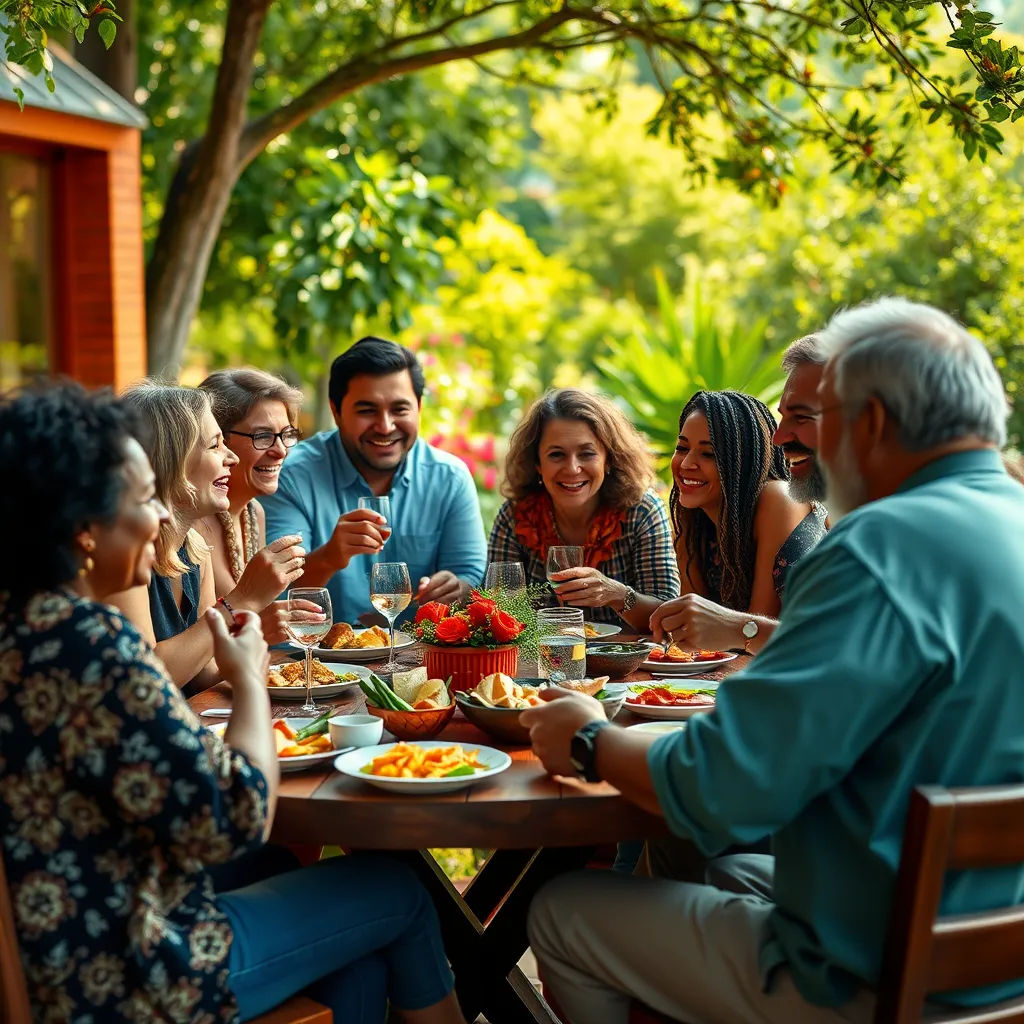 A diverse group of people sharing a meal together in a beautiful outdoor setting, showcasing joy, kindness, and friendship. The scene includes individuals of various ages and ethnicities, laughing and engaging in conversation, with vibrant, natural surroundings representing a warm, inviting atmosphere.