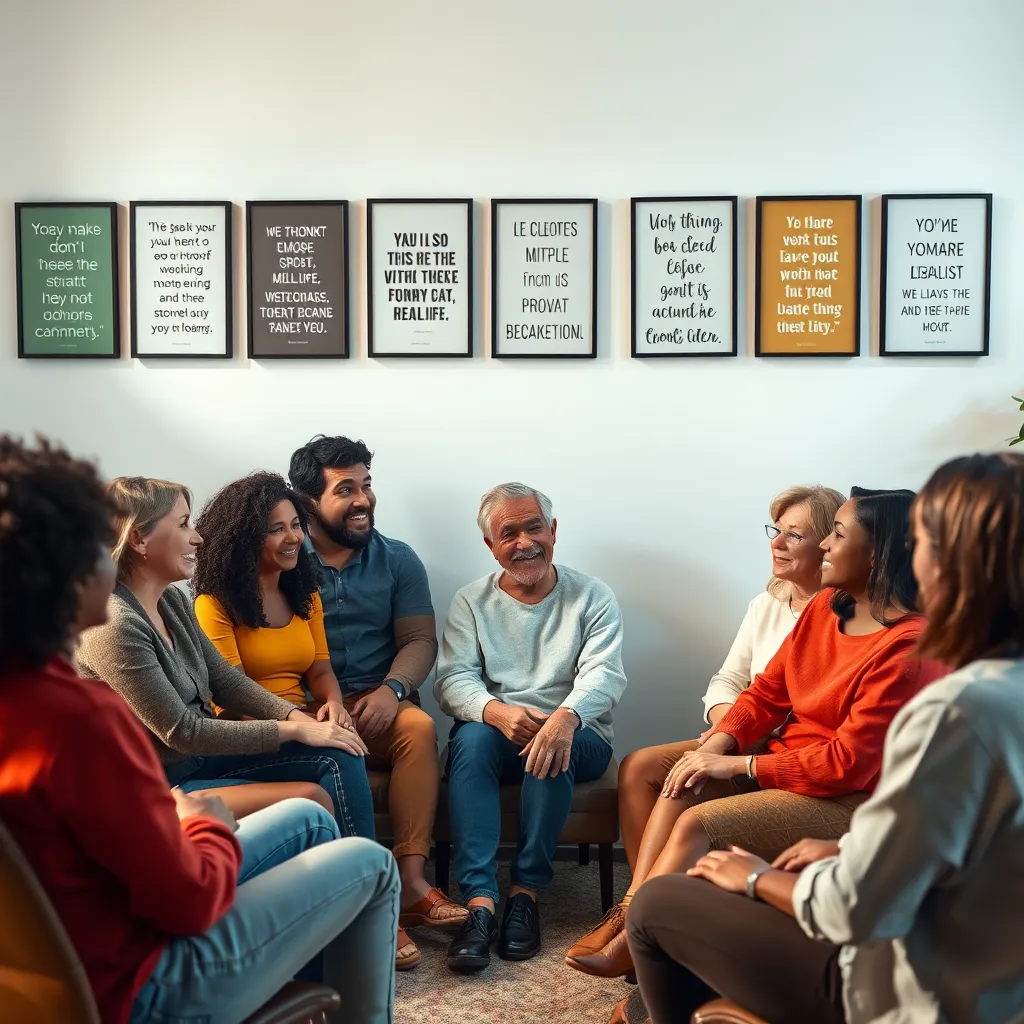 A diverse group of people sitting in a circle in a supportive group setting, engaged in conversation. Each person shows expressions of empathy and understanding, with a backdrop of framed inspirational quotes on the wall, creating a welcoming and safe environment.