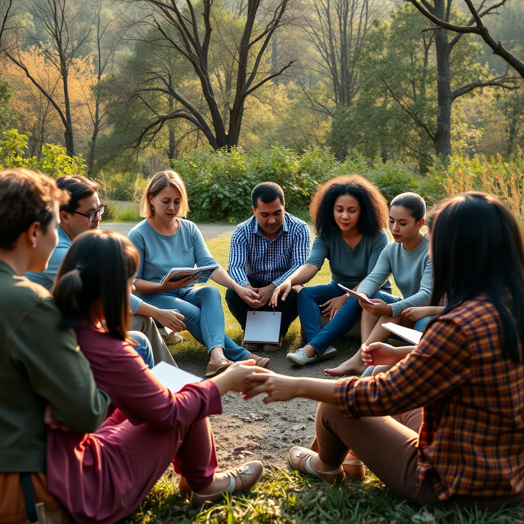 A diverse group of people sitting in a circle, holding hands in unity. They are in a serene outdoor setting, surrounded by nature. Some individuals are journaling; others are sharing stories, illustrating the power of community and support during job searching.