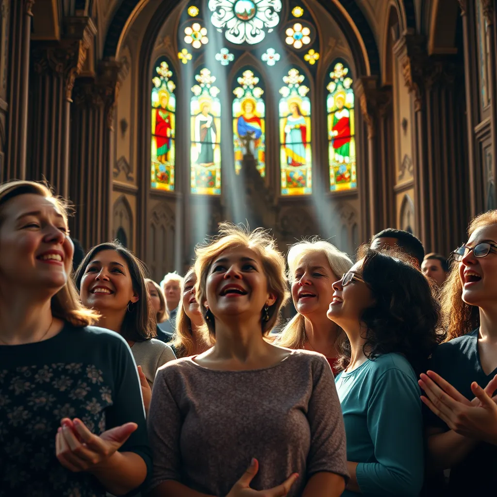 A diverse group of people standing in a beautifully decorated church, joyfully singing together during a worship service. Sunlight streams through stained glass windows, illuminating the faces of individuals of various ages and ethnicities, creating a warm, welcoming atmosphere.