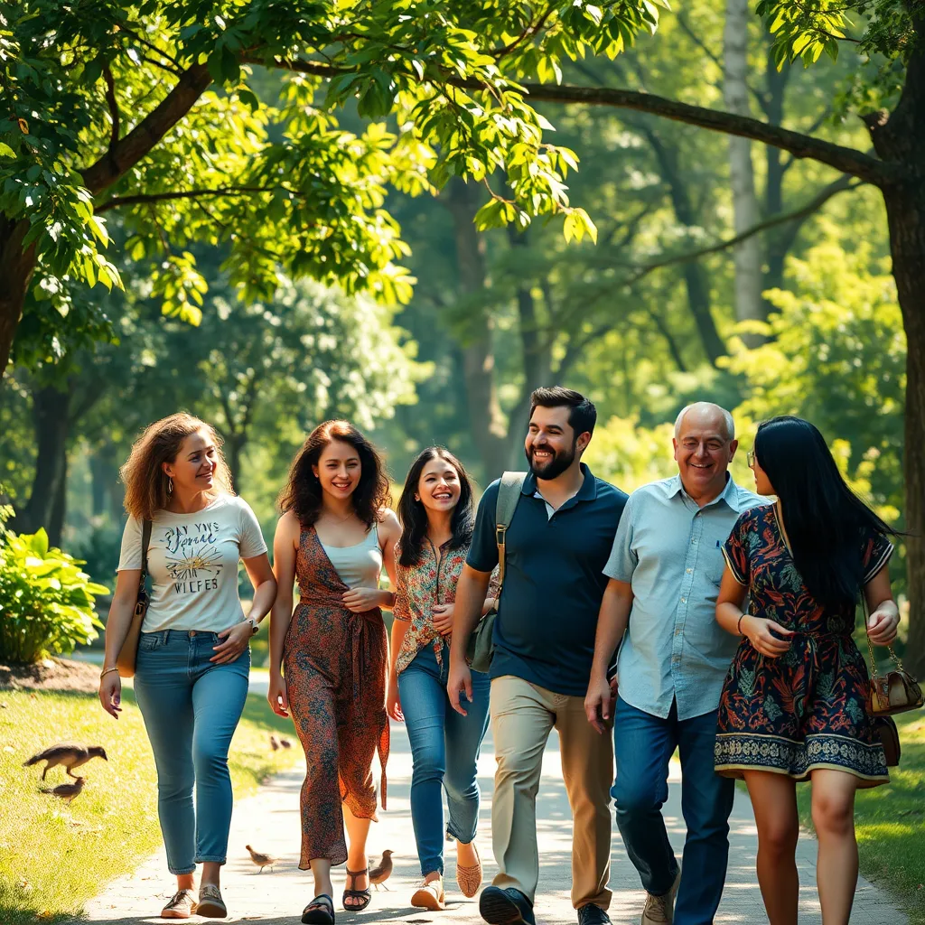 A diverse group of people walking together in a lush park, engaging in conversation, smiling and enjoying each other's company. Sunlight filters through the trees, highlighting the greenery around them, with birds and small animals in the background for a lively atmosphere.