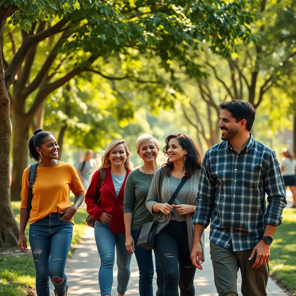 A diverse group of people walking together in a park, smiling and engaging in conversation. The scene includes trees, a walking path, and other community members in the background, emphasizing a vibrant and welcoming atmosphere. Soft sunlight filters through the leaves.