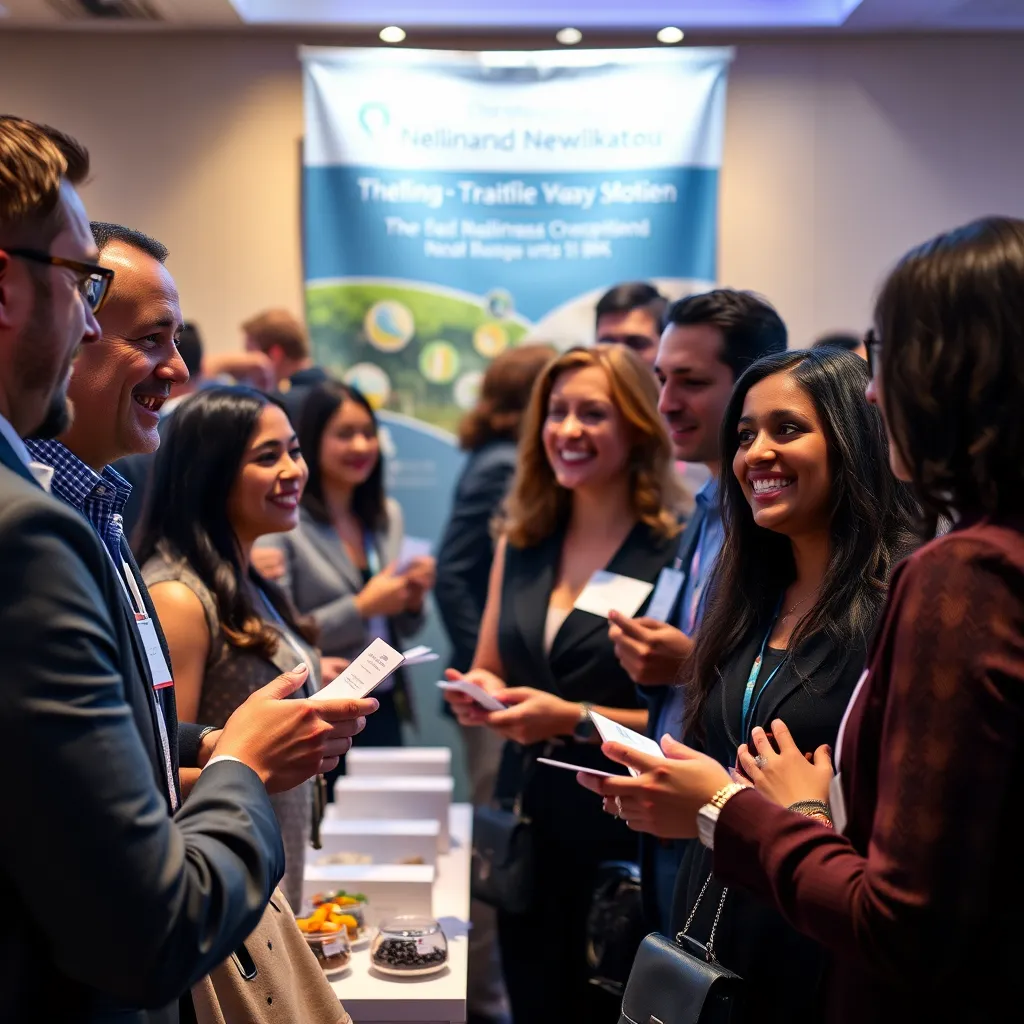 A diverse group of professionals engaged in conversation at a networking event. They are exchanging business cards, smiling and engaging. A banner in the background displays the event topic, and there’s a table with refreshments.