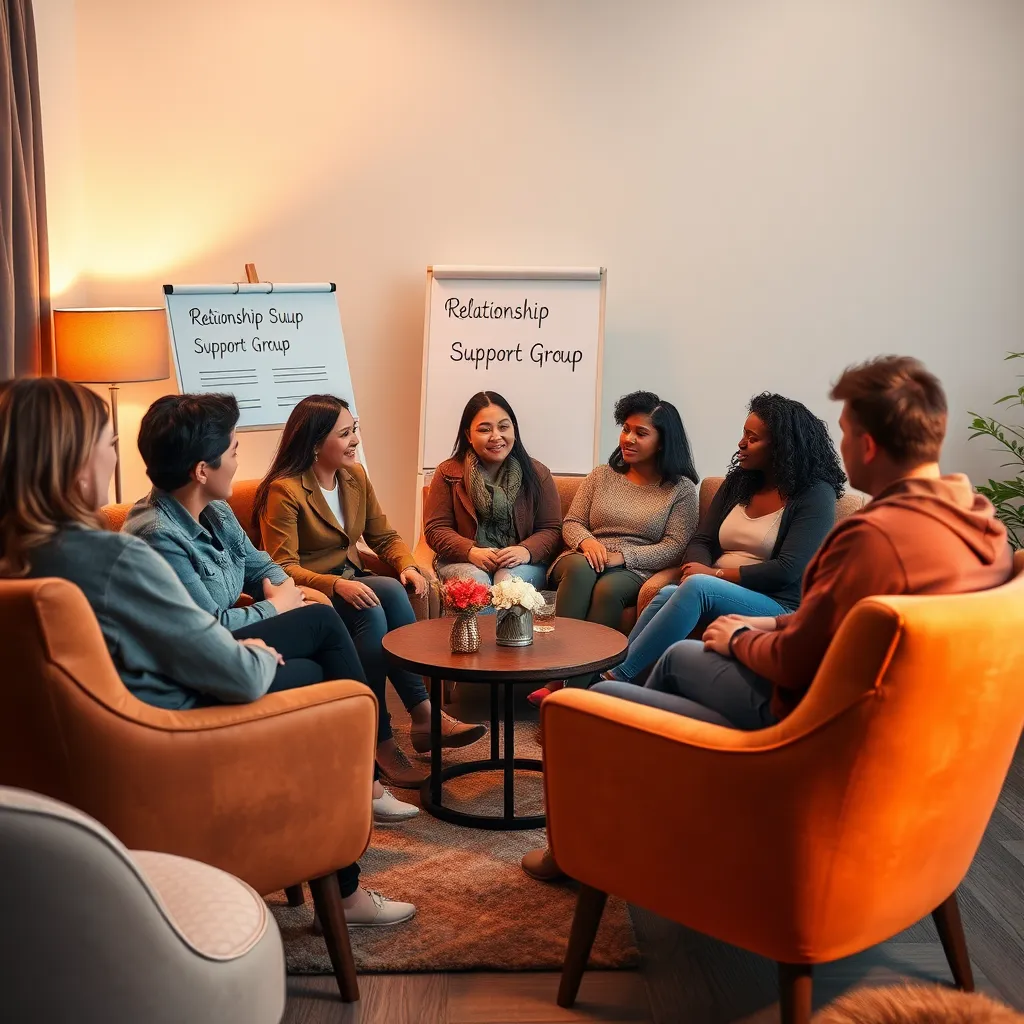 A diverse group of six people in a cozy circle, sitting in plush chairs in a well-lit room, engaging in conversation. A flip chart with 'Relationship Support Group' written on it is nearby, and warm colors dominate the space.
