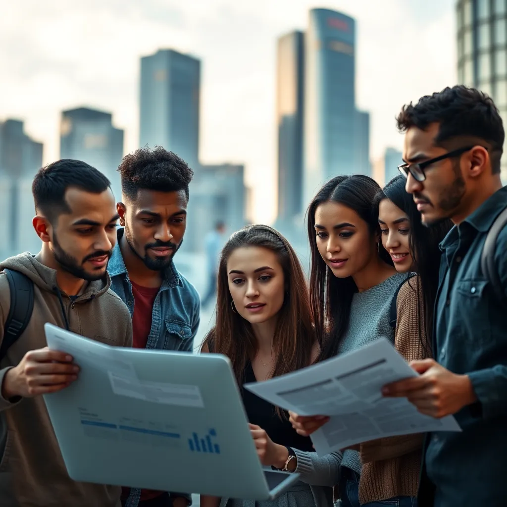 A diverse group of young adults in a modern urban setting, gathered around a laptop looking at financial articles. The city skyline is in the background during the evening. Expressions of curiosity and concern are visible on their faces, showcasing engagement with financial topics.
