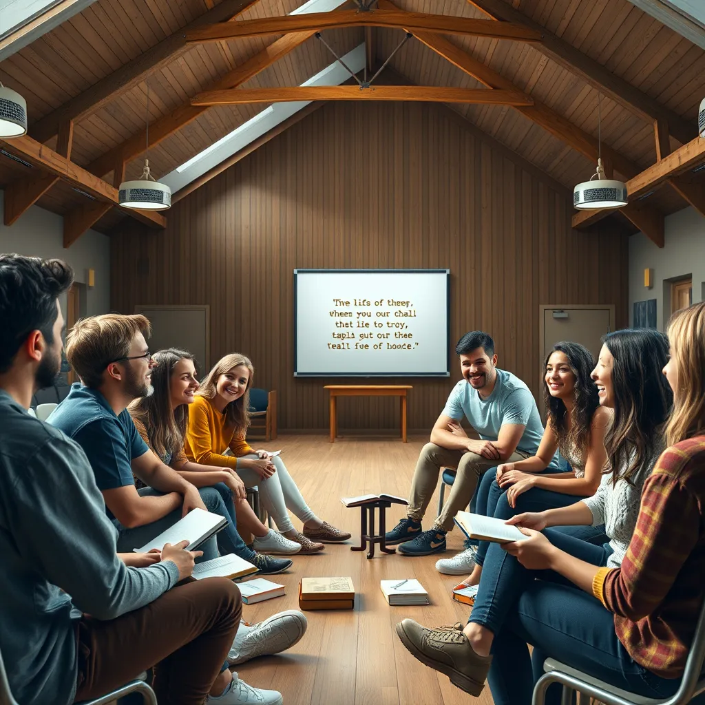 A diverse group of young people sitting in a circle in a brightly lit church hall, smiling and engaging in discussion. There are Bibles and notebooks scattered around, with a whiteboard displaying inspirational quotes in the background, showcasing a warm and inviting atmosphere.