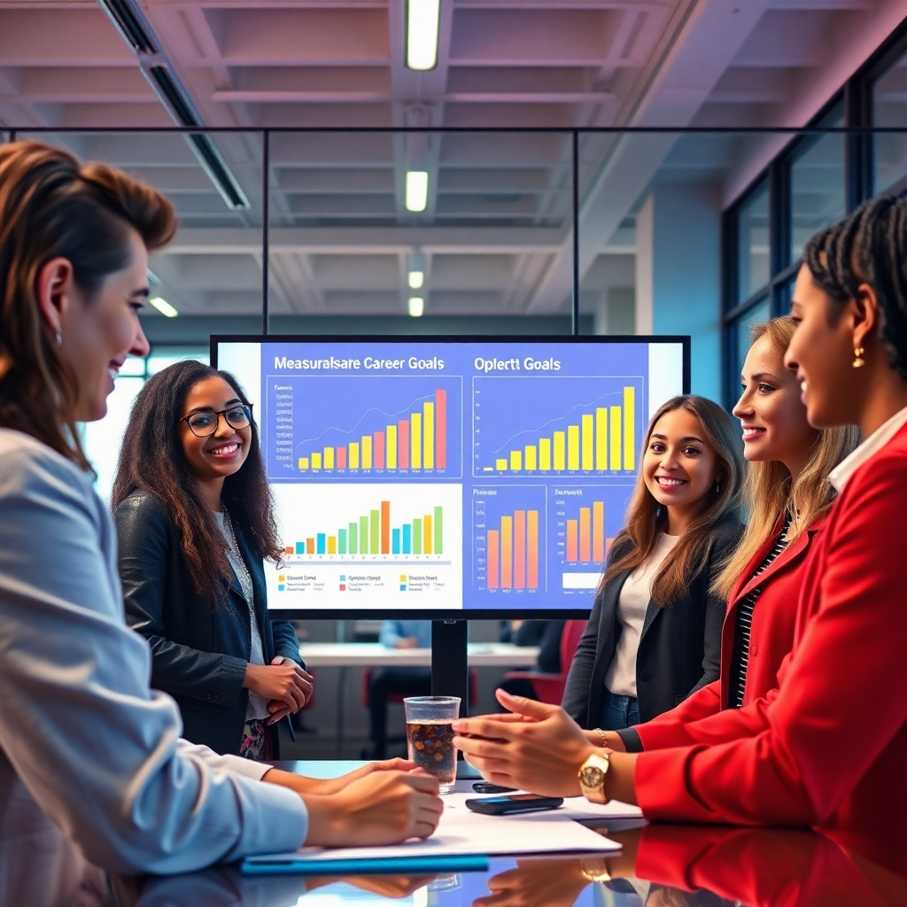 A diverse group of young professionals in a modern office setting, collaborating on a project. The scene includes charts and graphs on a digital screen, showcasing measurable career goals. Bright, motivational colors and an atmosphere of teamwork and ambition.