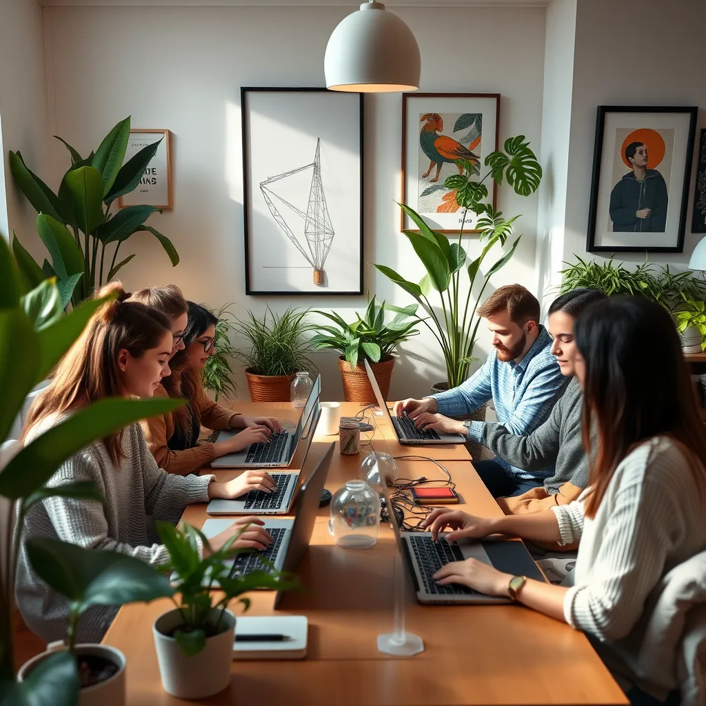 A diverse group of young professionals working on laptops in a cozy, modern home office space, surrounded by plants and inspiring artwork. Soft natural light bathes the room, emphasizing the remote work lifestyle.