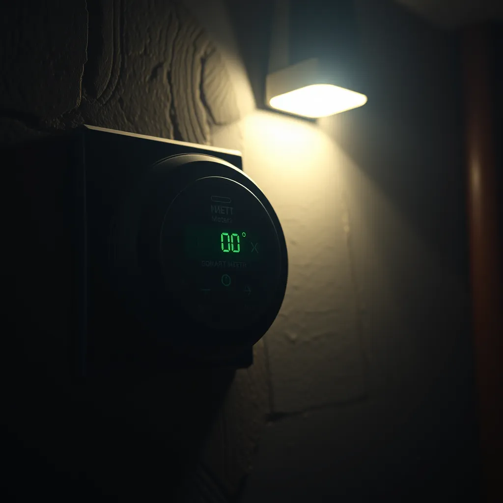 A dramatic, photorealistic image of a smart meter in a dimly lit room during a power cut. Show the meter with a low battery indicator, and focus on the surrounding environment to convey a sense of urgency and reliance on smart technology, with an emergency light illuminating the scene.