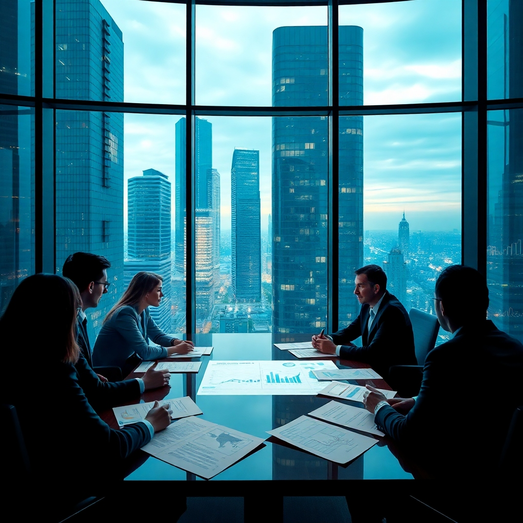 A dramatic corporate meeting scene where executives discuss the acquisition of Windsurf. High-rise buildings are visible through large windows, reflecting the ambition behind the talks. Documents and digital screens elaborate on projections and infrastructure plans. The atmosphere is filled with determination, enhanced by cool-toned colors and the glow of city lights.
