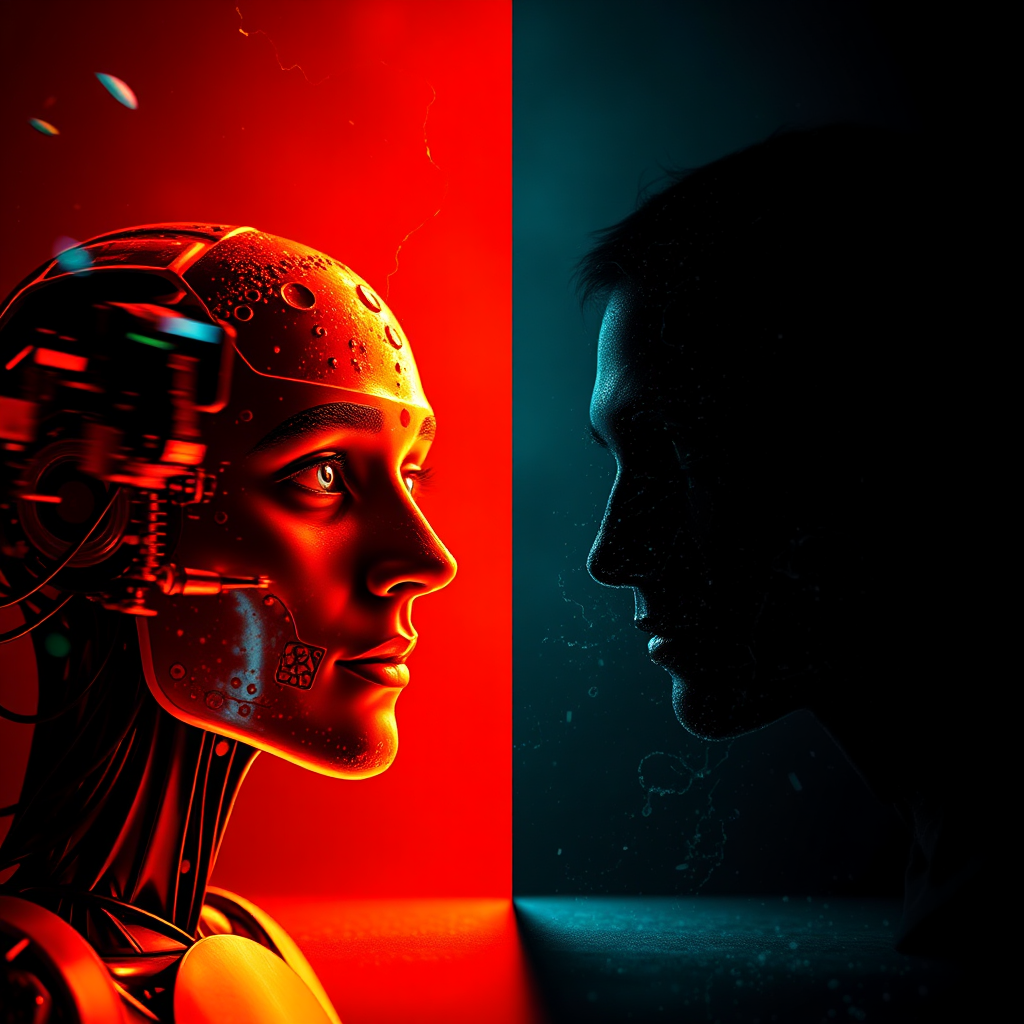 A dramatic juxtaposition image illustrating the duality of AI video creation: one side depicts vibrant creative expression while the other shows dark shadows of misinformation spreading. The contrasting color palettes highlight this split, with bright, engaging visuals on one side and more somber tones on the other. Textures of movement and stillness create tension, symbolizing the ongoing struggle between creativity and responsibility.