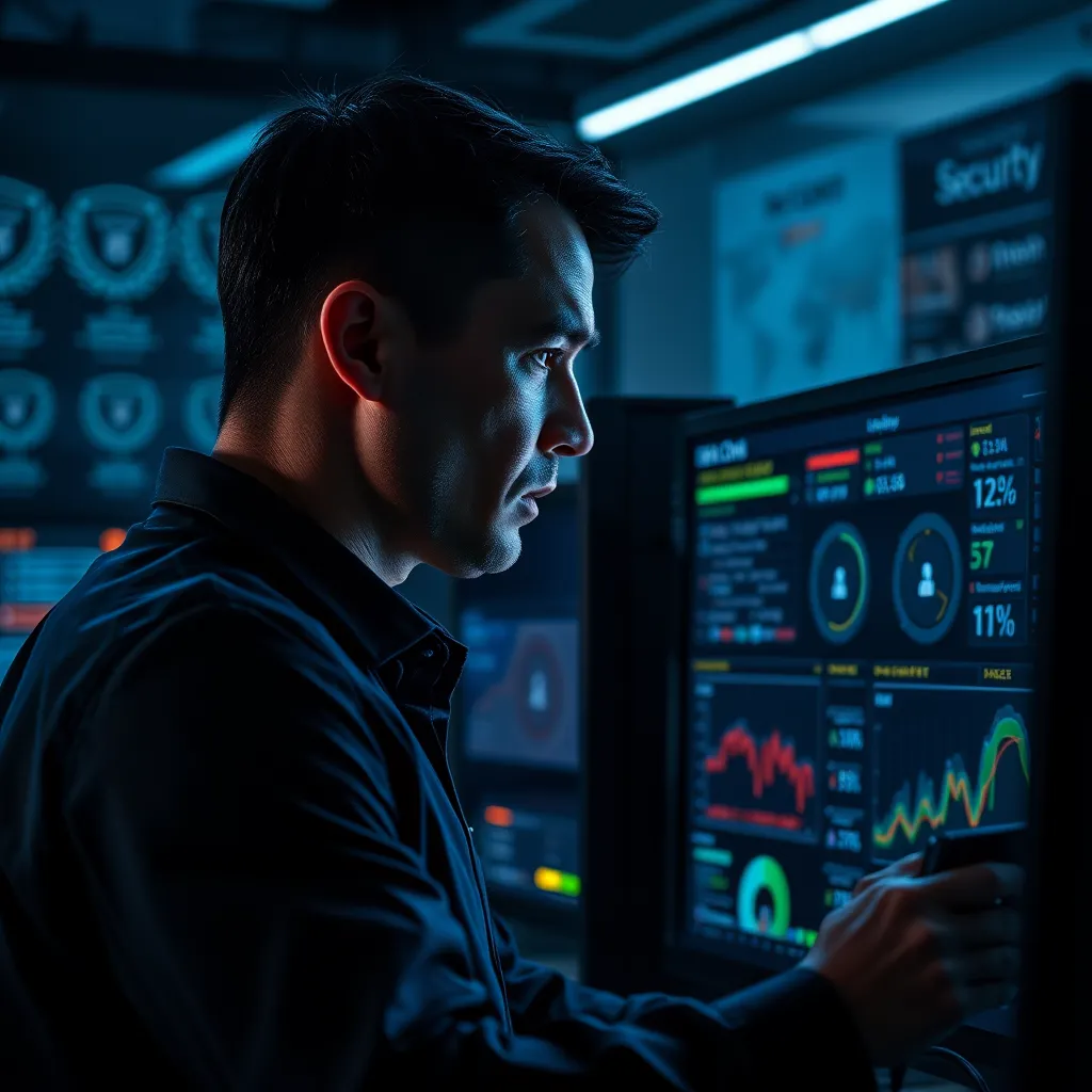 A dramatic scene depicting a cybersecurity expert in an office environment, actively working on a digital dashboard monitoring API key security threats. The lighting is moody and intense, with dramatic side lighting highlighting the expert’s focused expression. The color palette features deep blues and blacks, adding to the sense of urgency. The camera perspective is from the side, showcasing both the expert and the screens filled with data visualizations. The textures include sleek computer gear and high-tech displays with glowing LED lights. In the background, soft blurred images of security awards and brochures amplify the expertise of the environment. This composition should evoke a high-stakes atmosphere, inspired by cyber thriller films, captured in hyperrealistic detail in 8K resolution.
