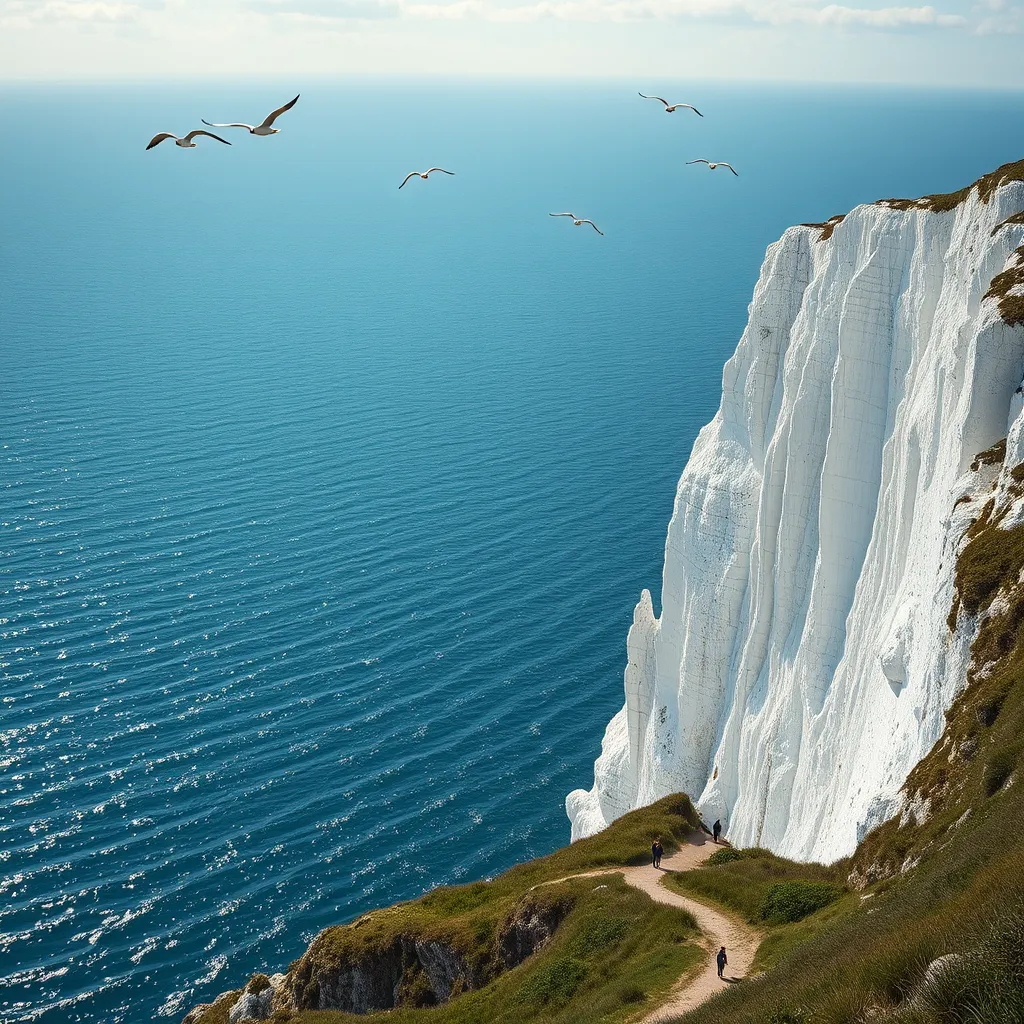 A dramatic scene of Flamborough Head featuring towering white chalk cliffs against the deep blue ocean, with seabirds circling above. Include walkers on the path, capturing the beauty of the rugged coastline and sunlight shimmering on the water.