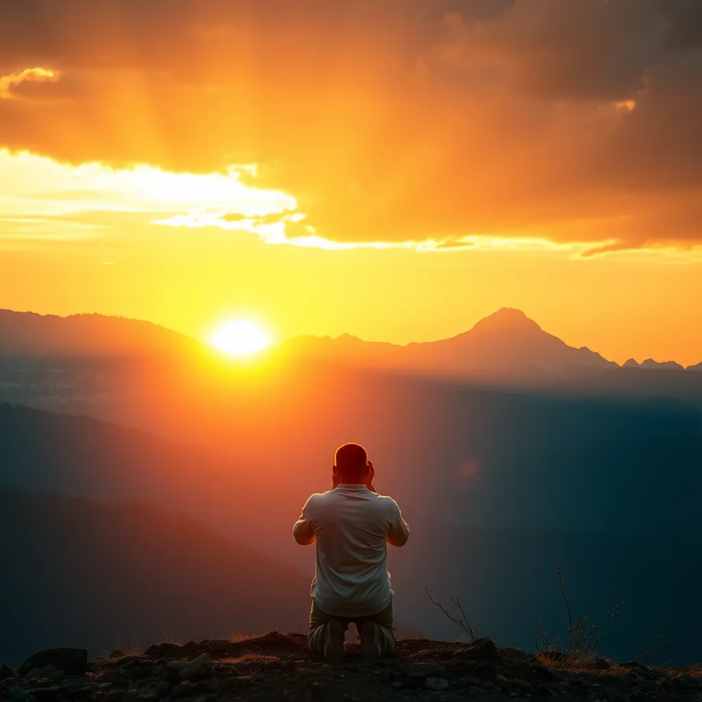 A dramatic sunrise breaking over a mountain range, symbolizing hope and renewal. In the foreground, a person kneels in prayer, hands clasped, surrounded by nature that embodies tranquility and divine assurance.