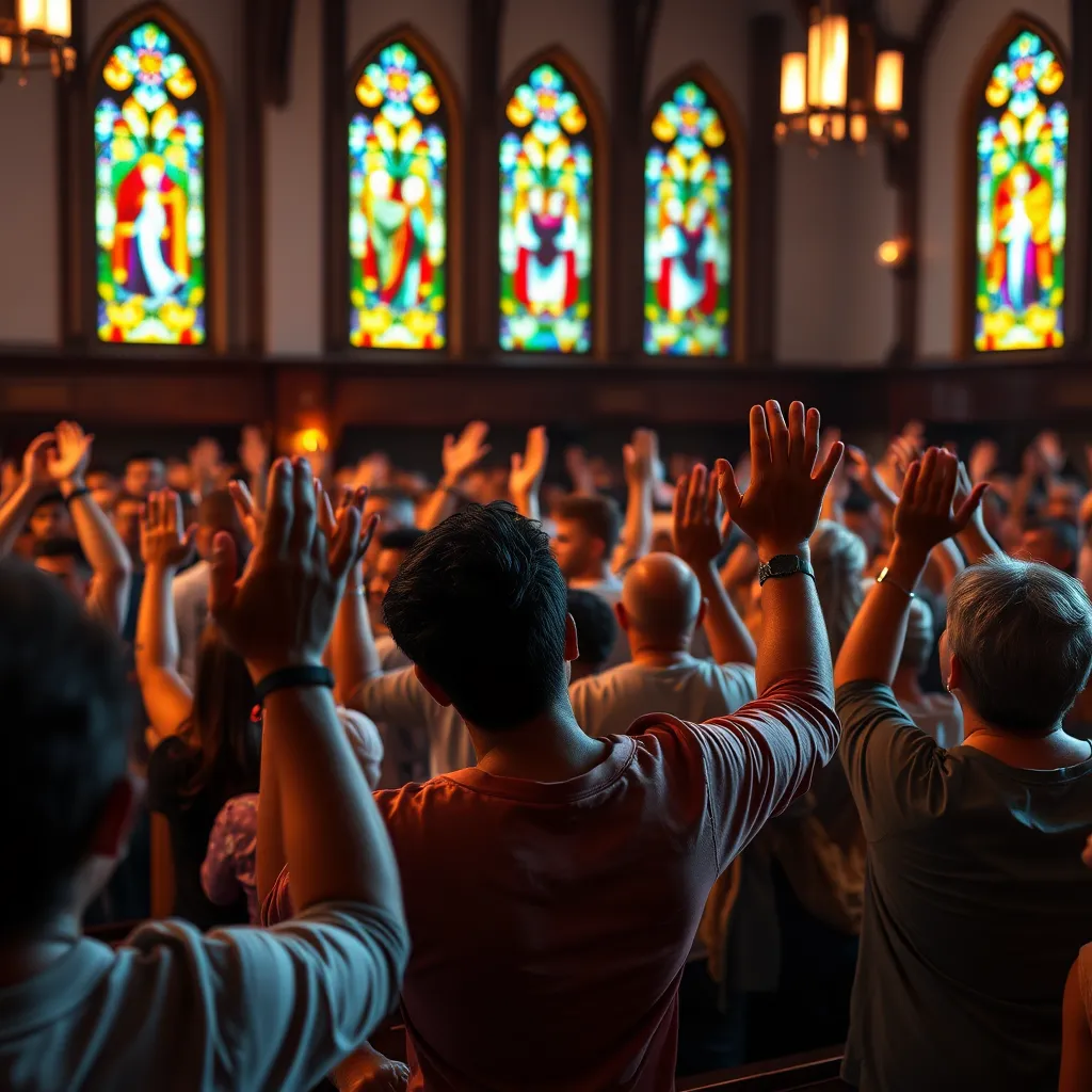 A dynamic church service filled with worshippers singing passionately, hands raised in praise. The church interior is beautifully lit with stained glass windows casting colorful reflections, highlighting the emotional connection and spirituality of the gathering.