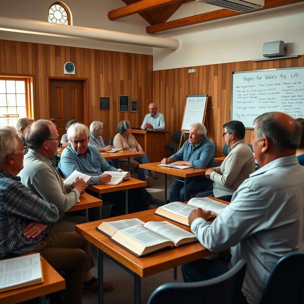 A dynamic classroom setting within a church where adults are attentively participating in a Bible study session, with a facilitator leading discussions, surrounded by open Bibles, notebooks, and a whiteboard filled with insightful notes.