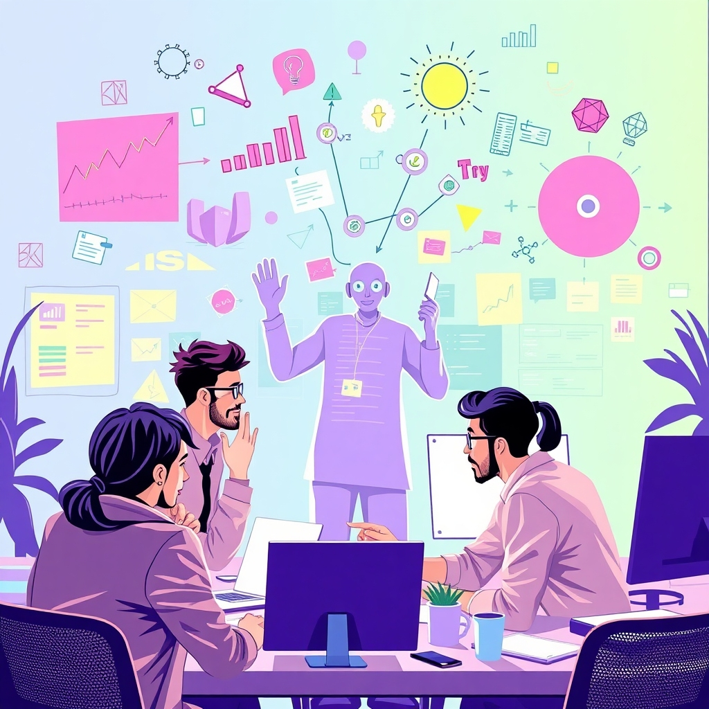 A dynamic depiction of developers engaged in creative thinking, with vibrant charts and sketches floating in the air symbolizing ideas. Replit Agent v2 visibly assists with coding elements in the background, enriching a collaborative atmosphere. The workspace is filled with modern artifacts emphasizing a future-driven approach to software development.