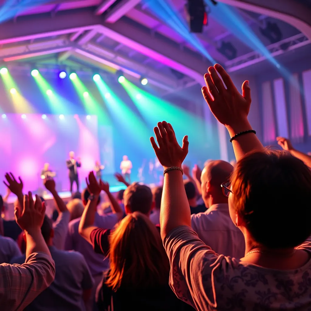 A dynamic image of a church worship service featuring a passionate worship team on stage, with congregation members engaged in heartfelt singing. Show raised hands and expressions of praise, with colorful lighting enhancing the atmosphere of worship.