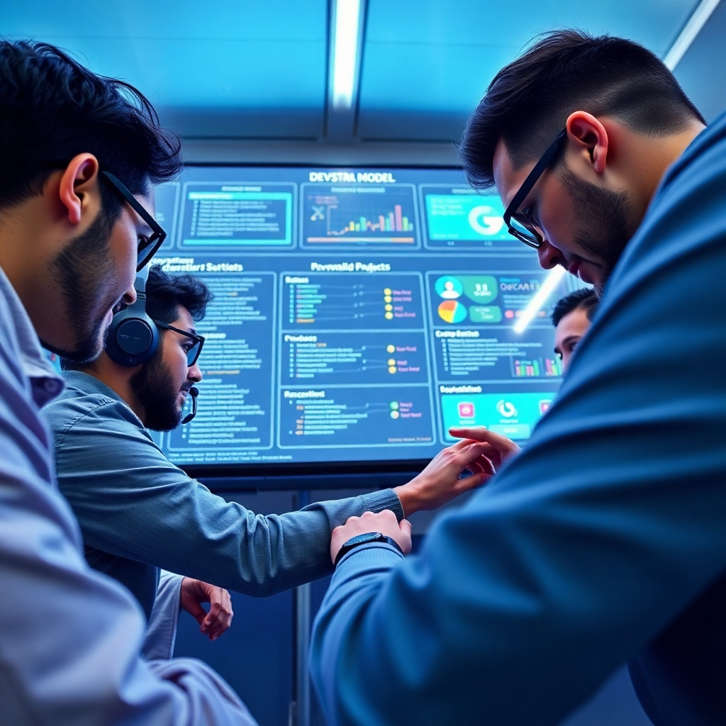 A dynamic image of software developers collaborating over a large screen displaying the Devstral model's functionalities. The lighting should be bright and energizing, while the colors are modern and cool, emphasizing a tech-savvy environment. The perspective is slightly tilted from above, focusing on the collective engagement.