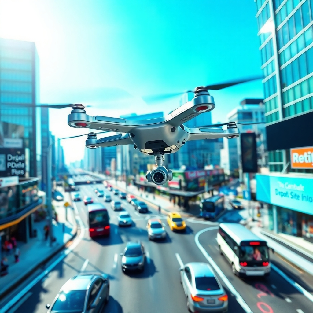 A dynamic image representing the rapid AI growth. The visual concept captures a futuristic cityscape with drones and autonomous vehicles. Bright blue skies and bustling streets create a sense of motion and innovation. The camera angle is aerial, showcasing how AI integrates into daily life. Textures including glass reflections and metallic finishes enhance the modern feel, while props like robots and smart devices highlight real-world applications. Style references may include modern sci-fi aesthetics.