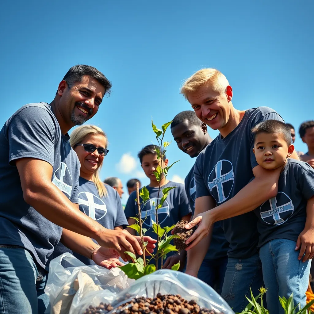 A dynamic image showcasing a group of church volunteers engaged in a community service project, like planting trees or distributing food. They wear matching T-shirts with a Christian logo and smile as they interact with local families, under a vibrant blue sky.