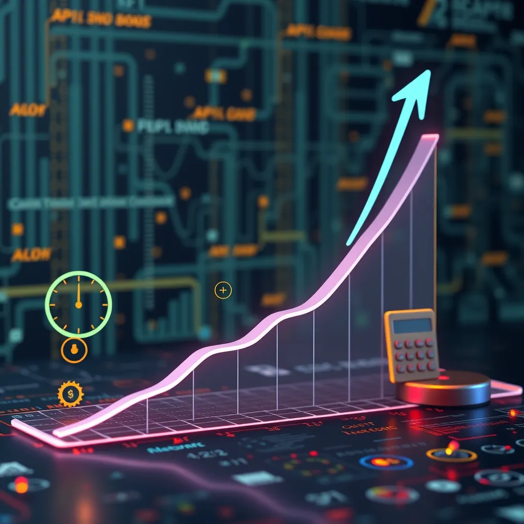 A dynamic scene depicting a graph with an upward trend, symbolizing increasing costs based on API usage. Include visual elements like clock icons representing time and calculator symbols for calculations, set against a tech-themed background.