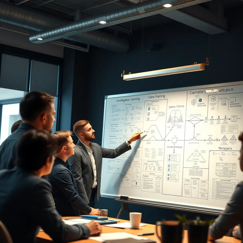 A dynamic scene of a consultant leading a strategic planning session with company leaders, using a whiteboard covered in detailed business plans and flowcharts. There is a sense of focus and collaboration, with everyone engaged and contributing ideas.