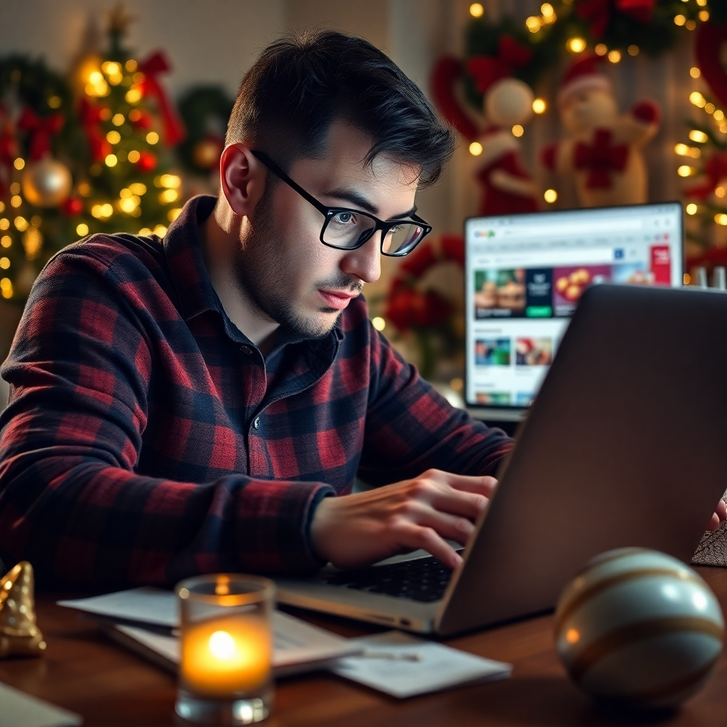 A dynamic scene of a person intently searching on a laptop, surrounded by handwritten notes filled with keywords and phrases. In the background, various holiday-themed decorations and a visible search engine page showcasing discounted presents.