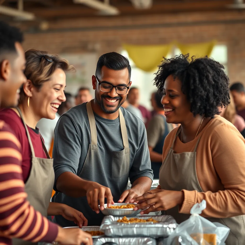  A dynamic scene of Christians volunteering at a local shelter, serving food to individuals in need. Capture genuine smiles, interactions of gratitude, and a backdrop of supportive community members, emphasizing love, purpose, and the spirit of service in action.