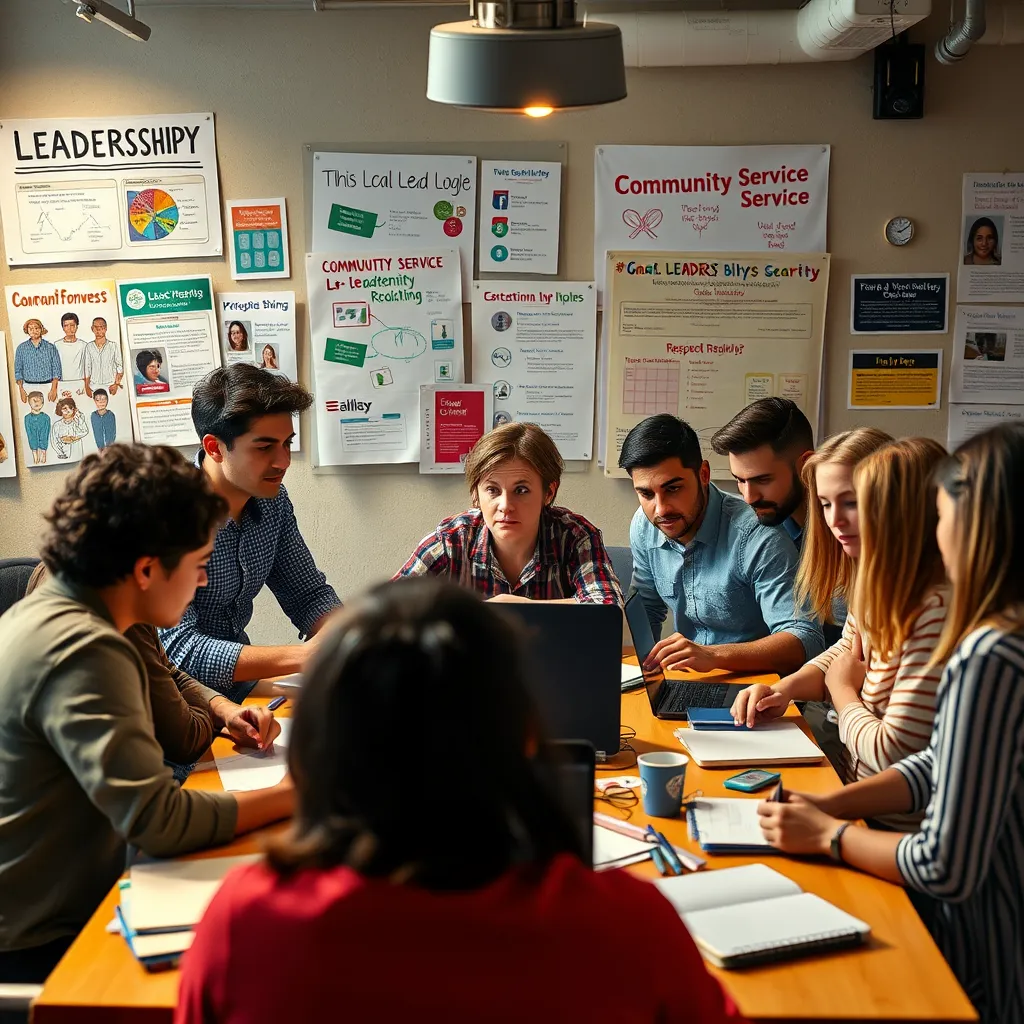 A dynamic scene of young leaders participating in a workshop, brainstorming around a table scattered with notebooks and laptops. The atmosphere is energetic, filled with visuals of posters and flip charts, showing themes of leadership and community service, with motivated expressions on participants' faces.