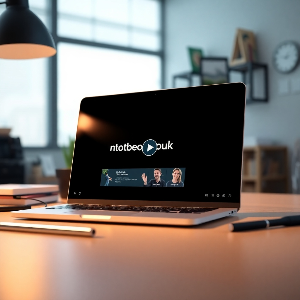 A dynamic visual of a laptop screen displaying an interactive video overview of NotebookLM, set in a modern workspace. The lighting is soft and inviting, complemented by a contemporary color palette. A mid-range angle captures the user’s engagement with both the screen and the tools surrounding them.