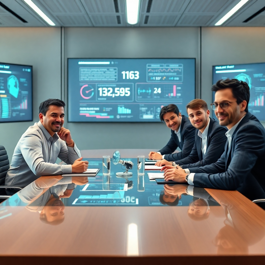 A dynamic visual of corporate leaders from Microsoft, OpenAI, and X.ai engaged in a high-tech roundtable discussion. The setting features modern conference room aesthetics with digital screens displaying AI statistics and projections. Soft but focused lighting highlights their expressions of determination and collaboration. Include futuristic props like AI models or data projections. Aim for an engaging, professional atmosphere that communicates innovation, captured in hyperrealistic detail.