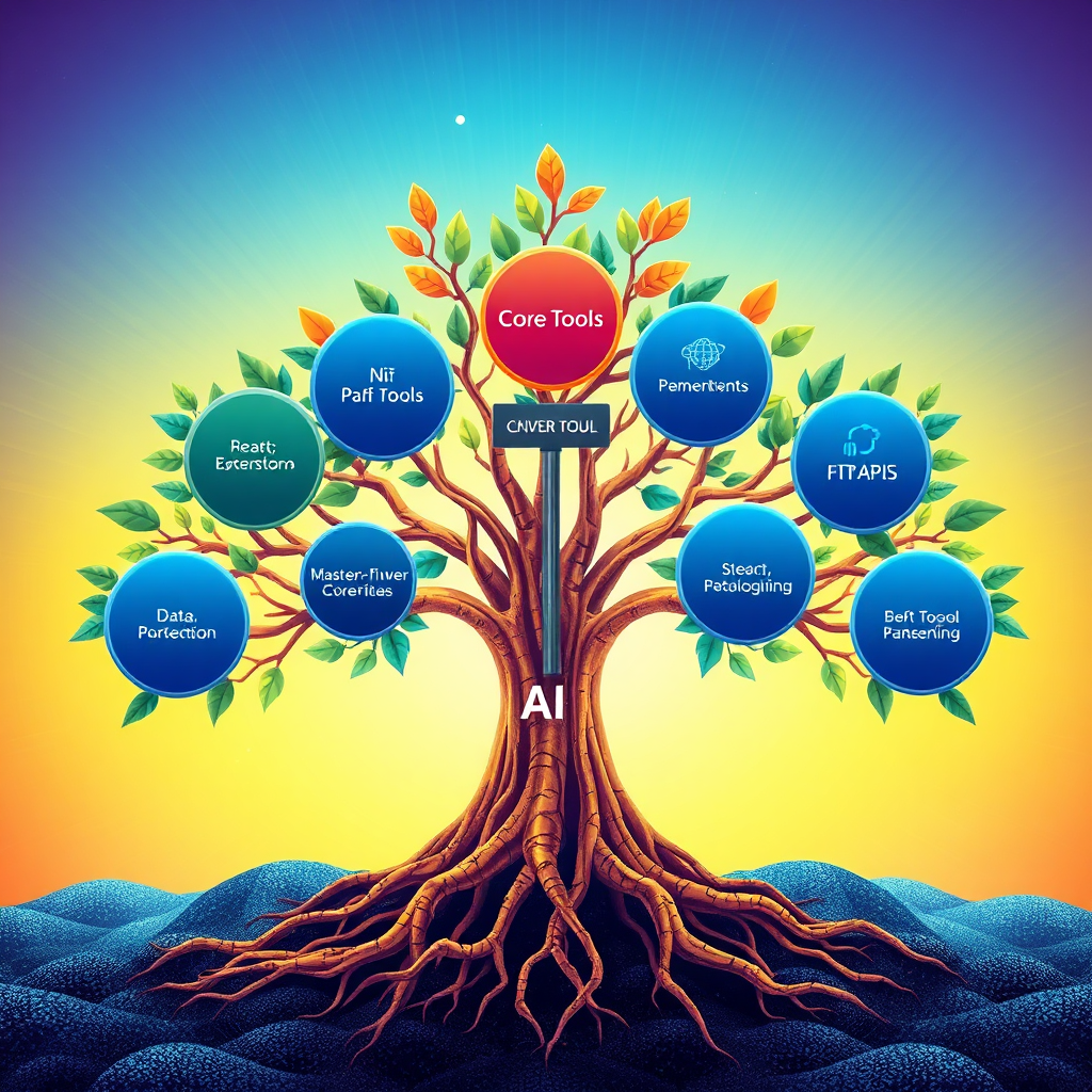 A dynamic visualization of an AI ecosystem showcasing the essential tools branching out in a tree-like structure. The core tools are depicted as robust roots with data streams flowing like branches and leaves. The backdrop has a bright, energizing color scheme with gradients representing the potential of AI. Textures convey a fusion of digital and natural elements, illustrating that mastering fewer tools can lead to significant growth.