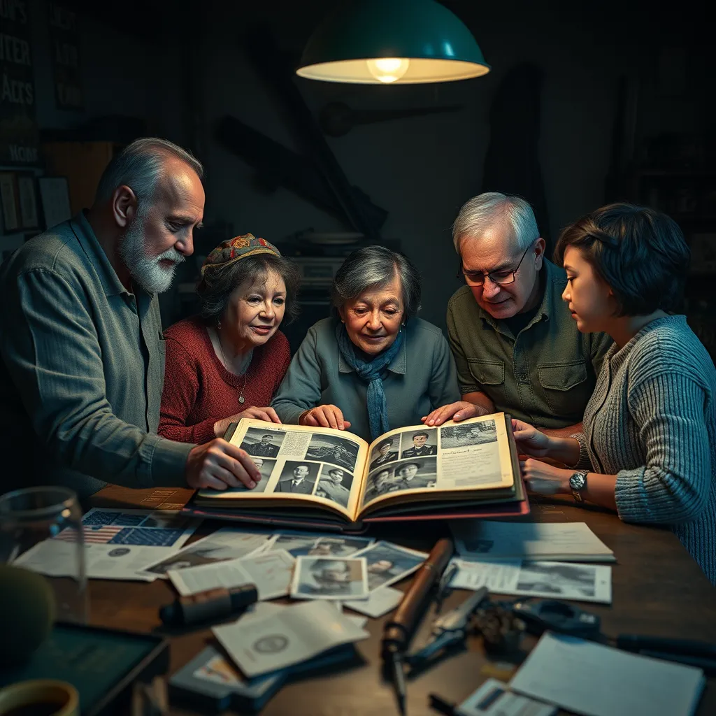 A family gathered around a table, looking at an old scrapbook filled with photographs and letters from military service members. The atmosphere is warm and inviting, with a sense of nostalgia. A dimly lit room filled with artifacts from different wars, emphasizing historical significance.
