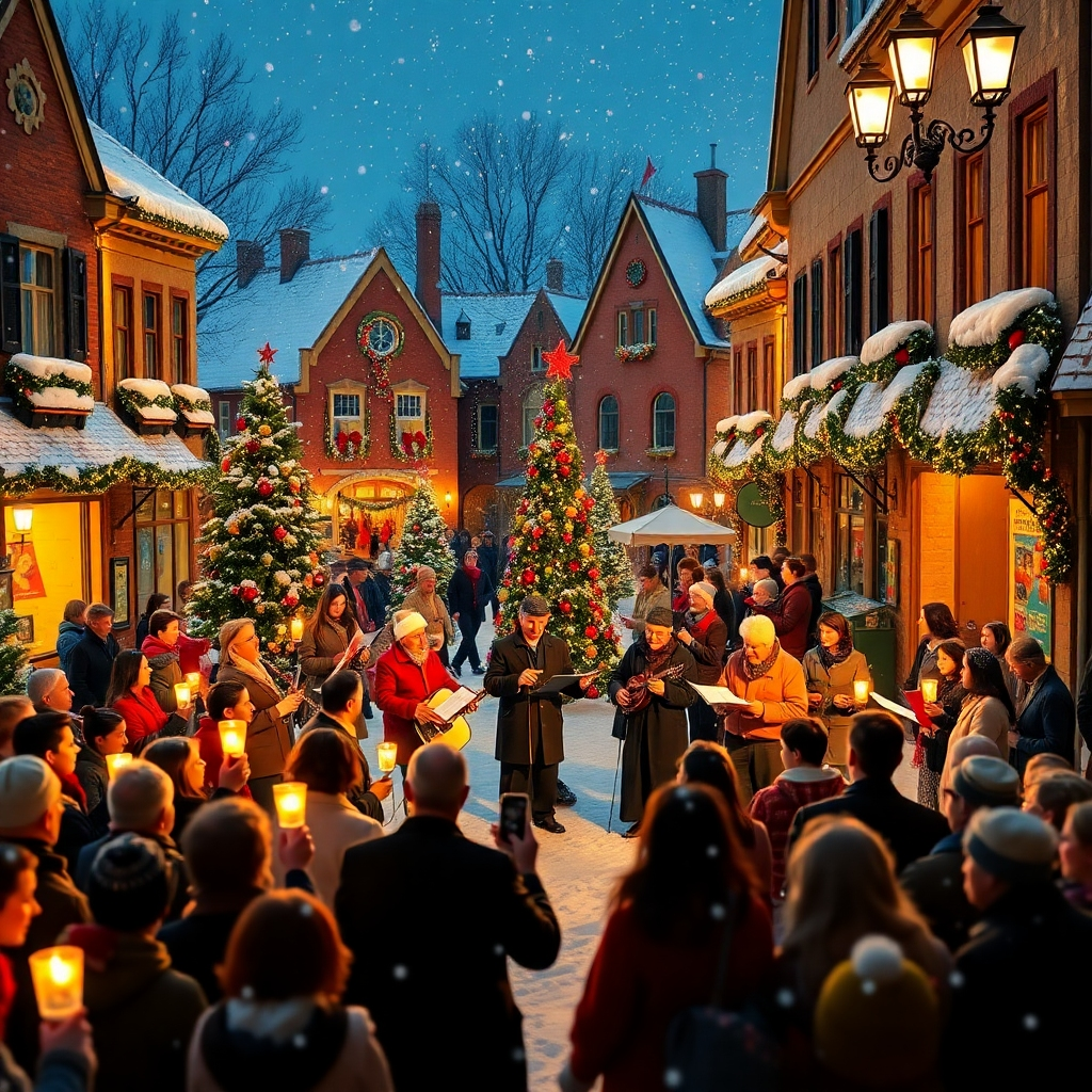 A festive choir singing Christmas carols in a beautifully decorated town square covered in snow. Musicians play traditional instruments, and a crowd of enthusiastic listeners hold candles. The warm glow of street lamps illuminates the joyful scene, enhancing the holiday spirit.