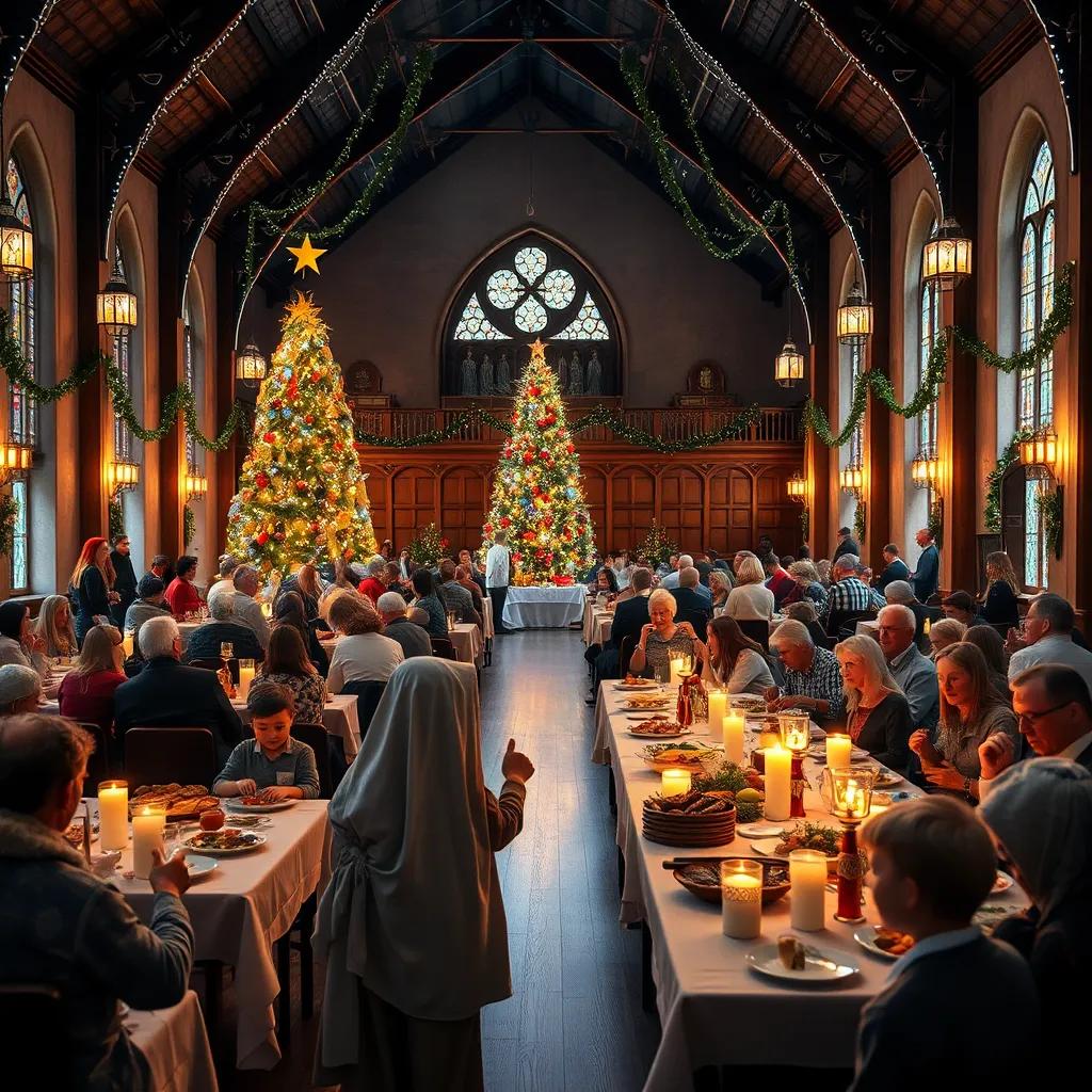A festive church hall decorated for a Christmas event, with a beautifully lit Christmas tree, tables filled with food, and people of various ages enjoying a community meal together. Children dressed as nativity characters are interacting, while holiday decorations enhance the cheerful ambiance.