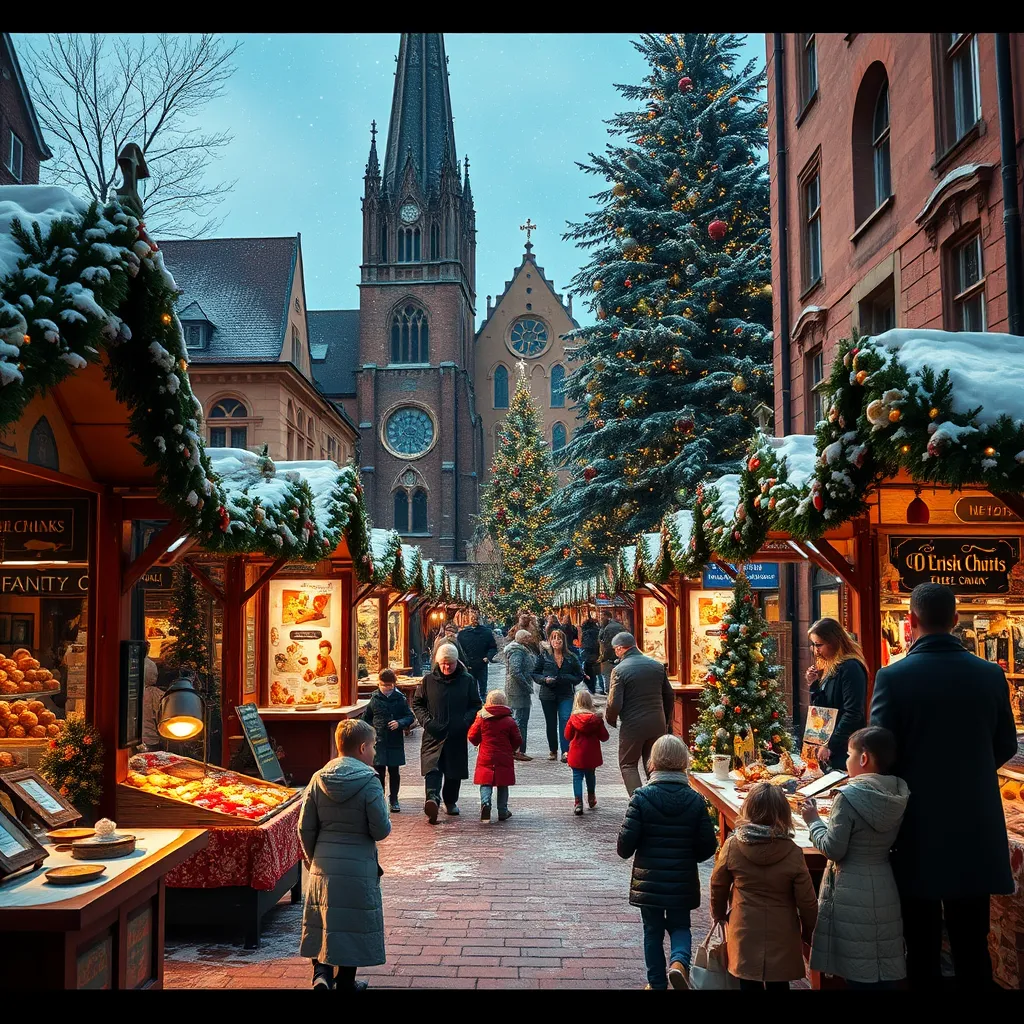 A festive church yard during a Christmas market filled with stalls selling handmade crafts and festive treats. Families enjoying activities, children playing in the snow, brightly colored decorations, and a large tree adorned with lights, creating a cheerful holiday atmosphere.