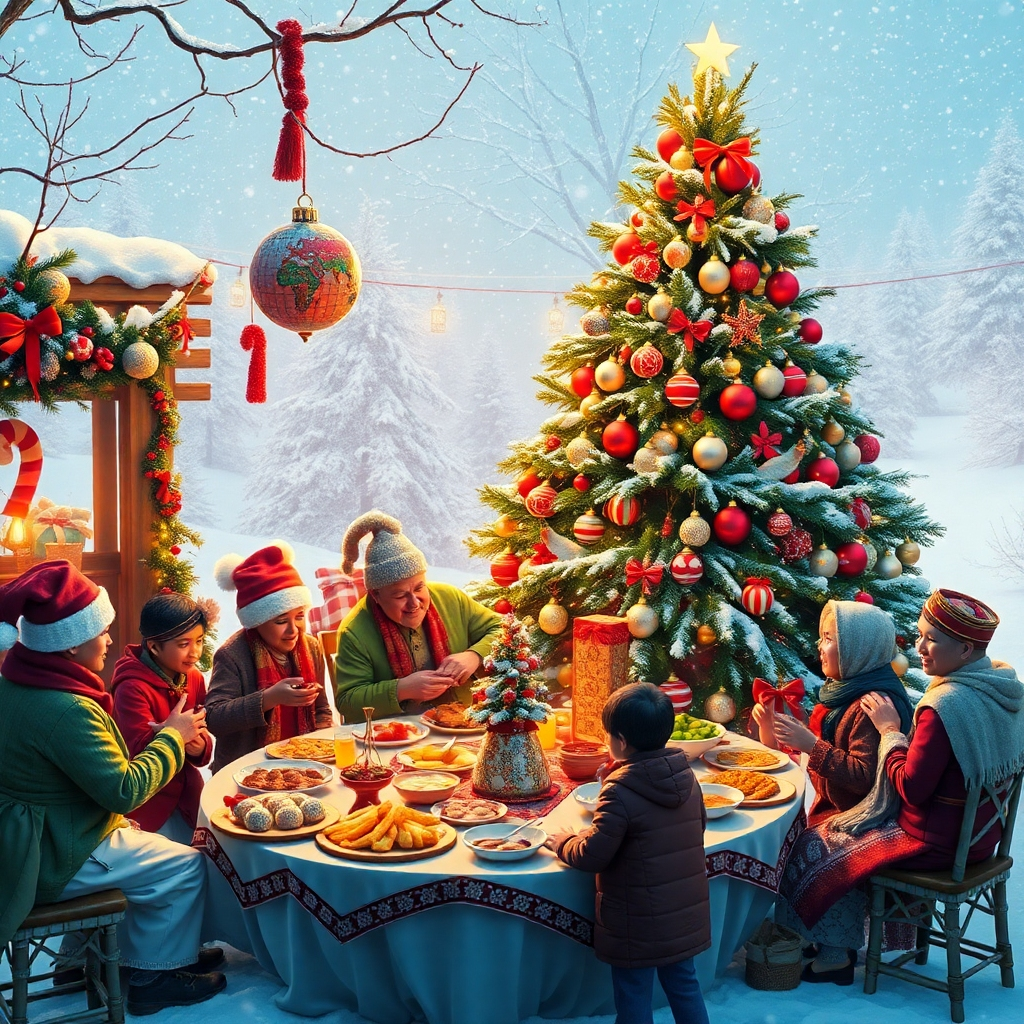A festive scene showcasing diverse Christmas traditions from around the world. Include a beautifully decorated Christmas tree, unique cultural ornaments, traditional foods on a table, people in varied cultural attire, and a snowy landscape to capture the magic of global celebrations.