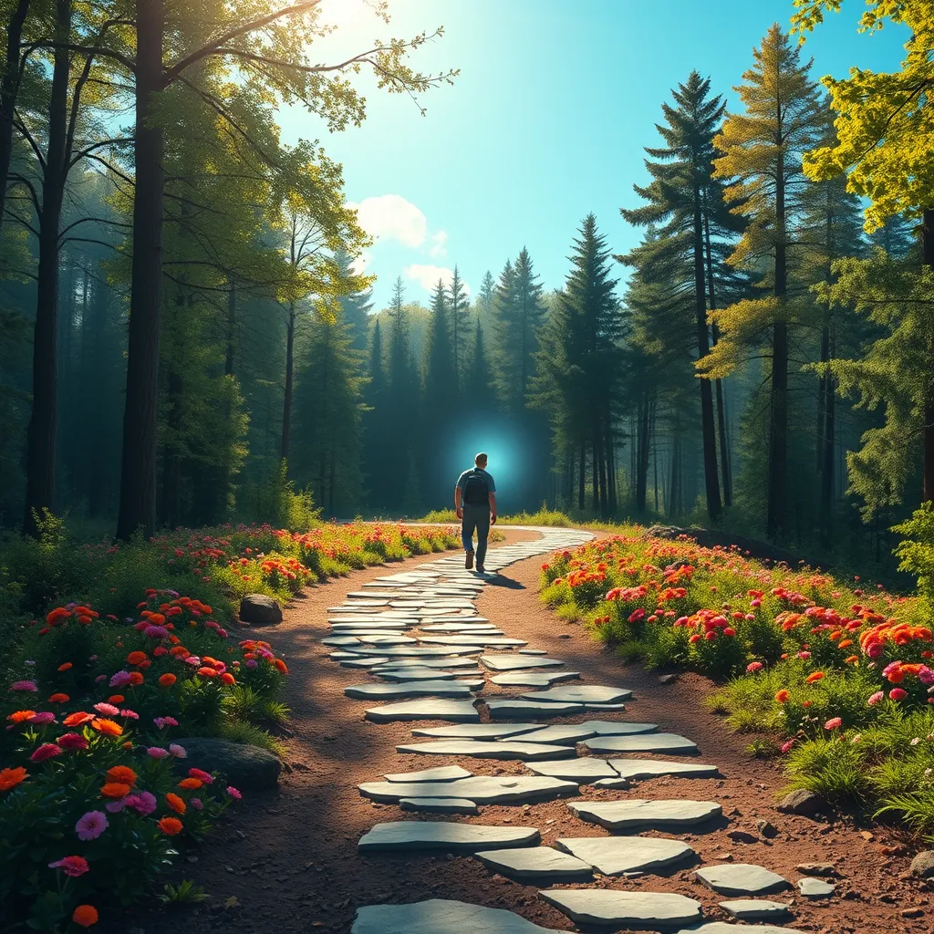  A figure walking along a winding path through a beautiful forest, with each step revealing vibrant flowers and bright skies. The path symbolizes spiritual transformation, with a light illuminating the journey ahead, embodying hope, growth, and the promise of God's purpose guiding every step.