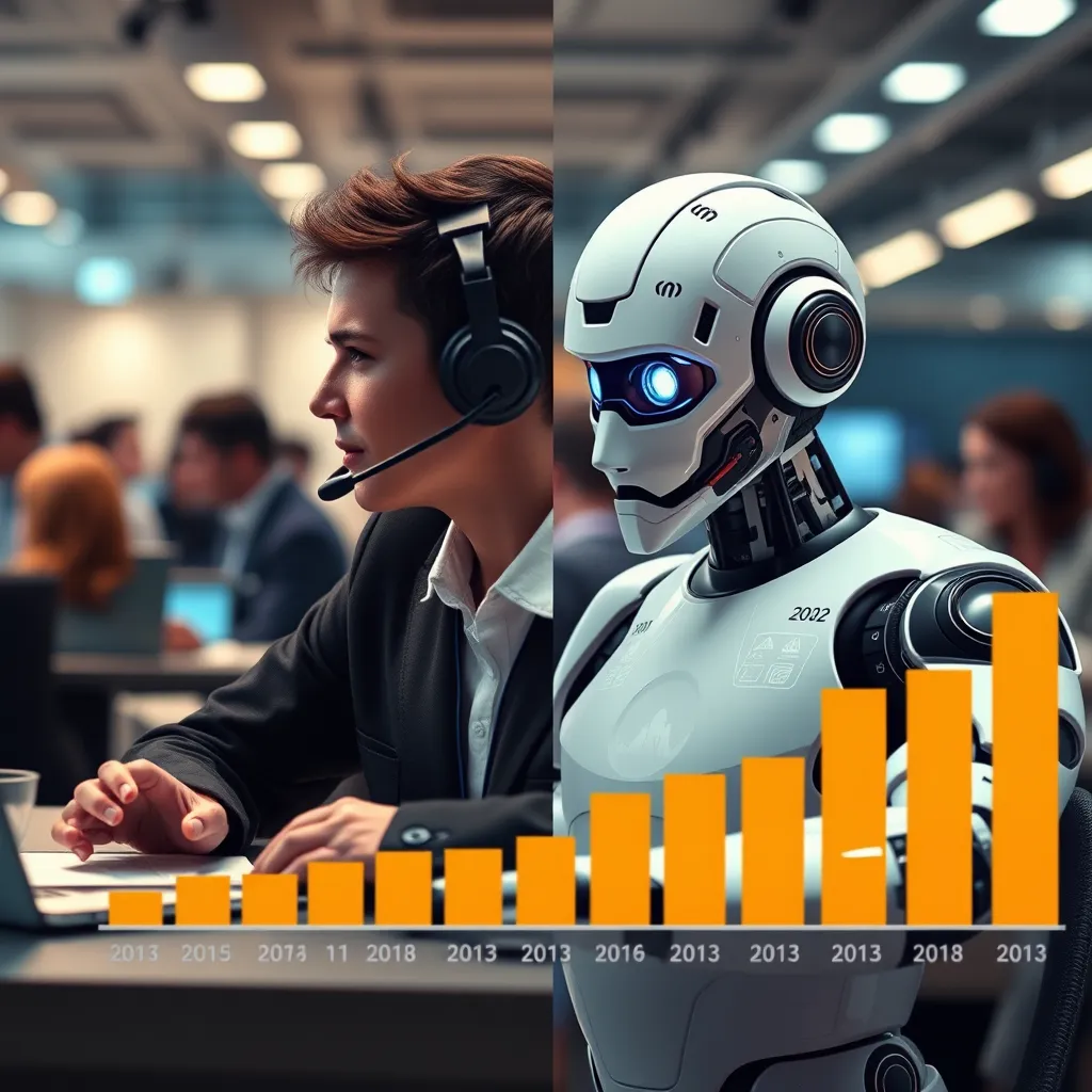 A financial graph showing reduced costs due to chatbot implementation in customer service. Show a split image: one side with a busy human support team and the other side with a streamlined chatbot interface efficiently handling multiple customer queries.