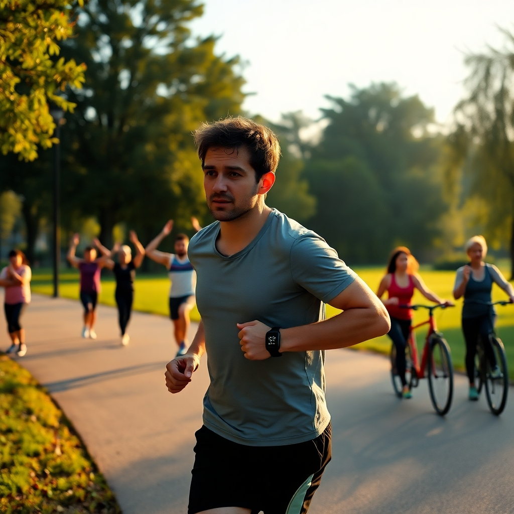 A fit individual jogging in a scenic park during early morning light, showing a fitness tracker on their wrist. Surrounding them are people engaging in different workouts – yoga, cycling, and walking, creating a vibrant health-focused community atmosphere.