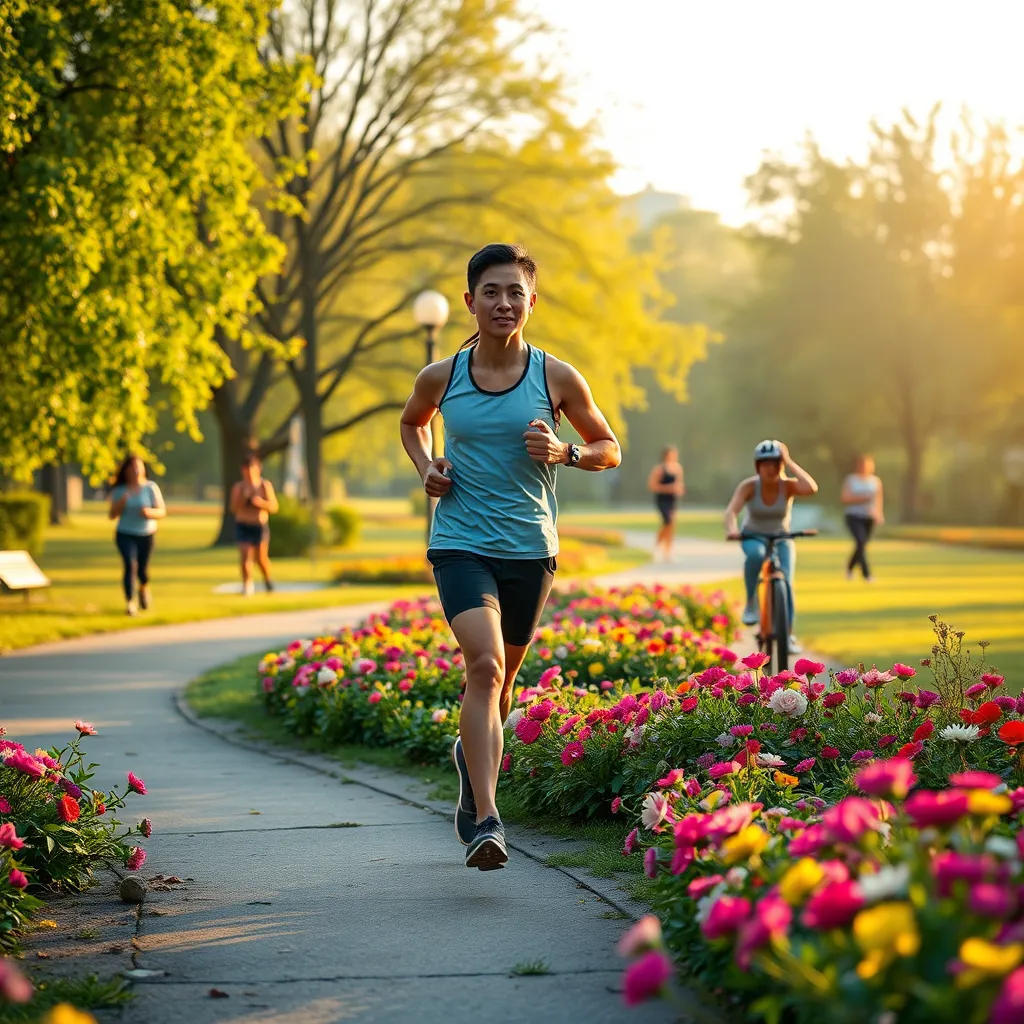 A fitness enthusiast jogging in a vibrant park during the early morning, surrounded by greenery and flowers. There are various exercise activities happening around, like a yoga class and people cycling, emphasizing a healthy and active lifestyle.