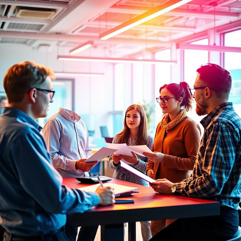 An empowering image showcasing user success with Google Workspace's AI features. The scene shows satisfied professionals utilizing AI tools with encouragement from their peers. Lighting is warm and inviting, supported by a color palette that blends energizing greens and neutrals. The camera angle is focused on their expressions of achievement. Textures include expressive faces and modern technology. Style references may include motivational work environments.