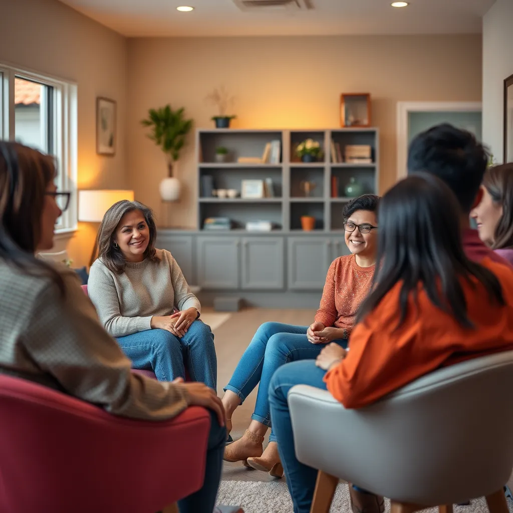 A friendly counseling center with a welcoming environment. A diverse group of people engaged in a supportive conversation, seated in a circle. Warm lighting and inviting decor that conveys a sense of safety and community.