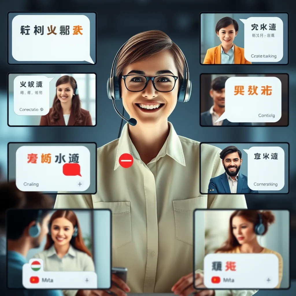 A friendly customer service representative interacting with a diverse group of people through live chat on screens. Each person is shown with their respective language displayed in speech bubbles, emphasizing personalized interaction.